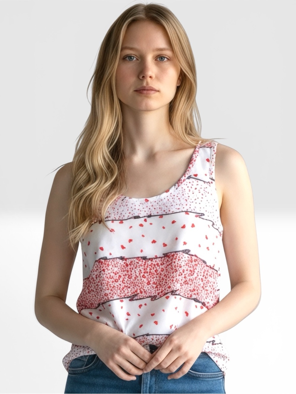 Misope Red Heart Print Bow Back Tank Top Small Made in USA High Low